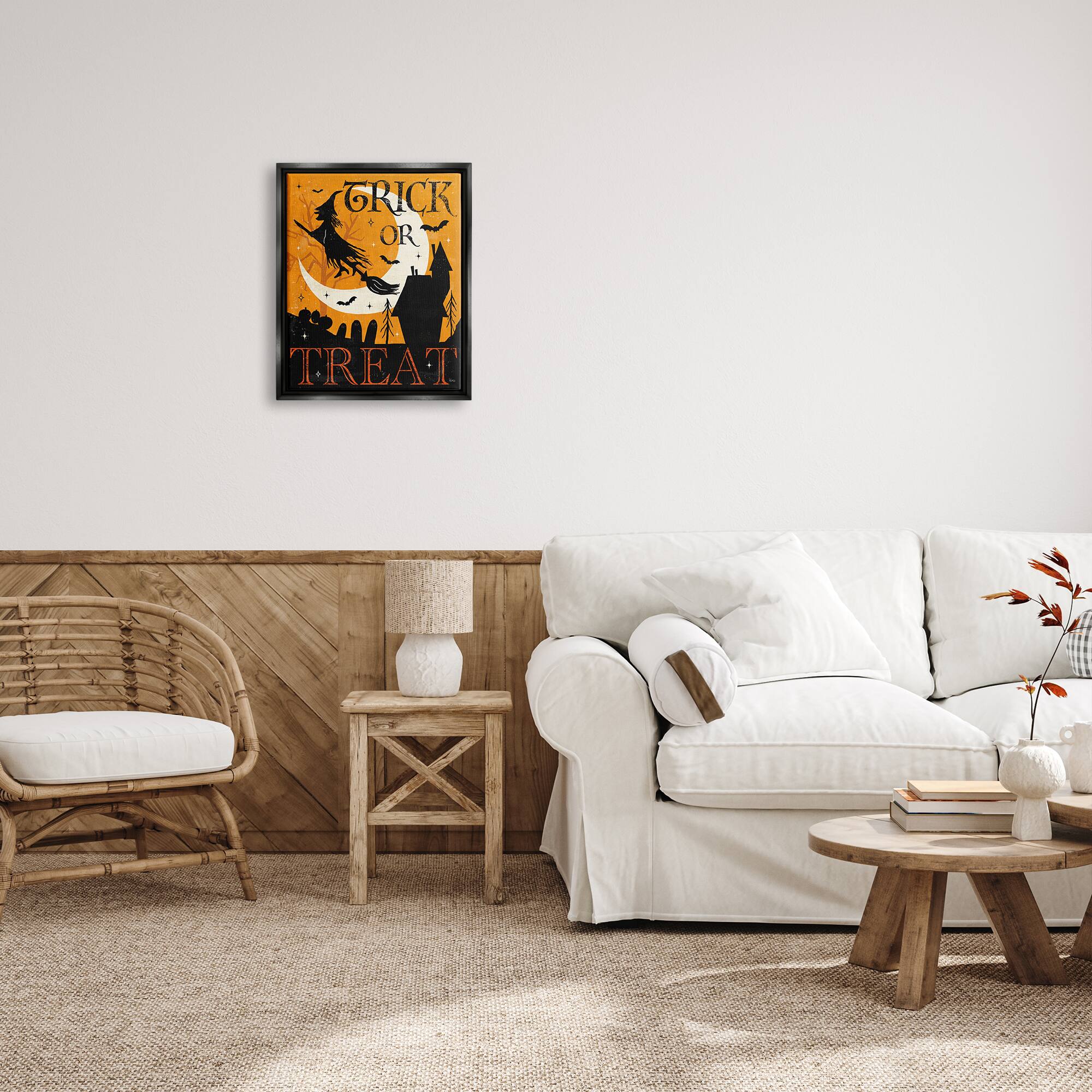 Stupell Industries Trick or Treat Halloween Witch Framed Floater Canvas Wall Art